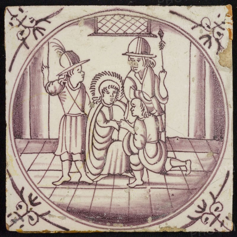 Scene line, Jesus with three figures, corner pattern ox's head, wall tile tile sculpture ceramics pottery glaze, baked 2x glazed