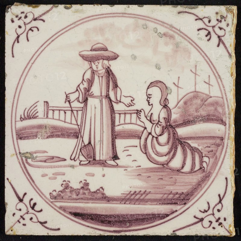 Scene line, Jesus appears as gardener for Mary Magdalene, corner motif ox's head, wall tile tile sculpture ceramic earthenware