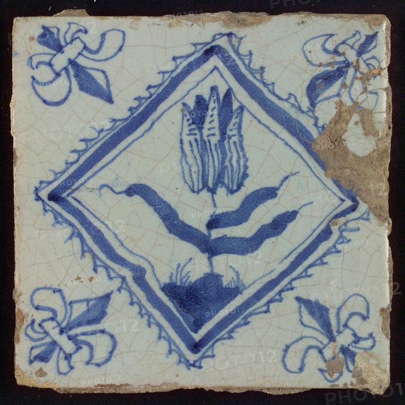 Tile, tulip on ground within serrated squared, in blue on white, corner pattern french lily, wall tile tile sculpture ceramics