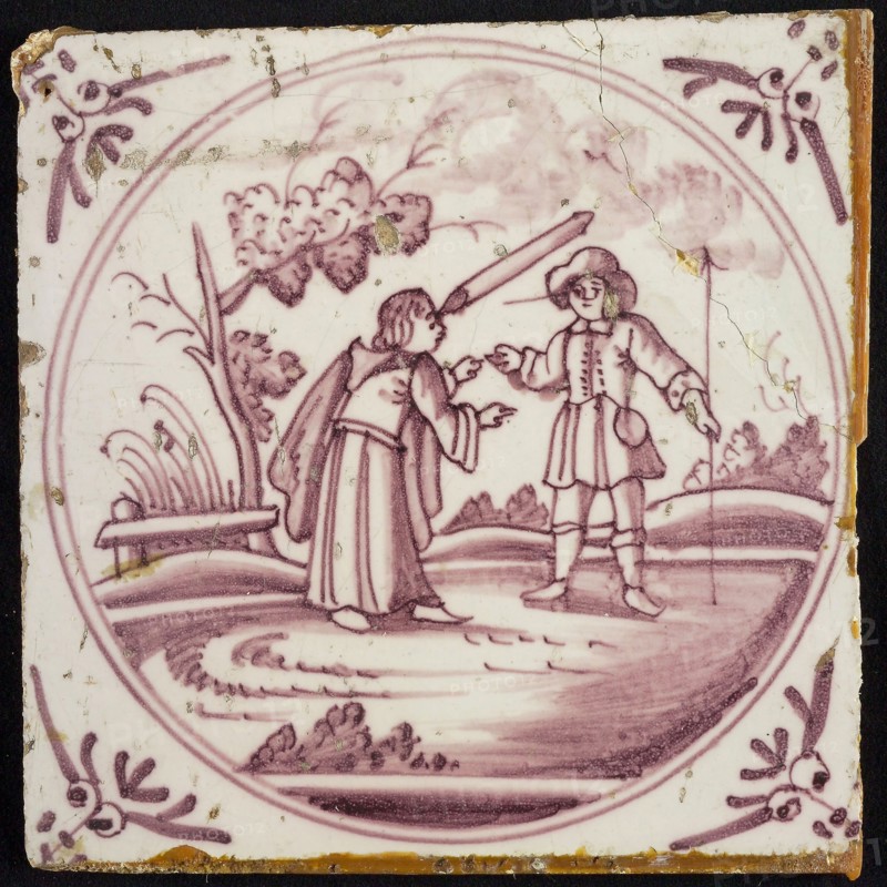 Scene tile, beam in the eye of the one, splinter in the eye of the other, corner pattern ox's head, wall tile tile sculpture