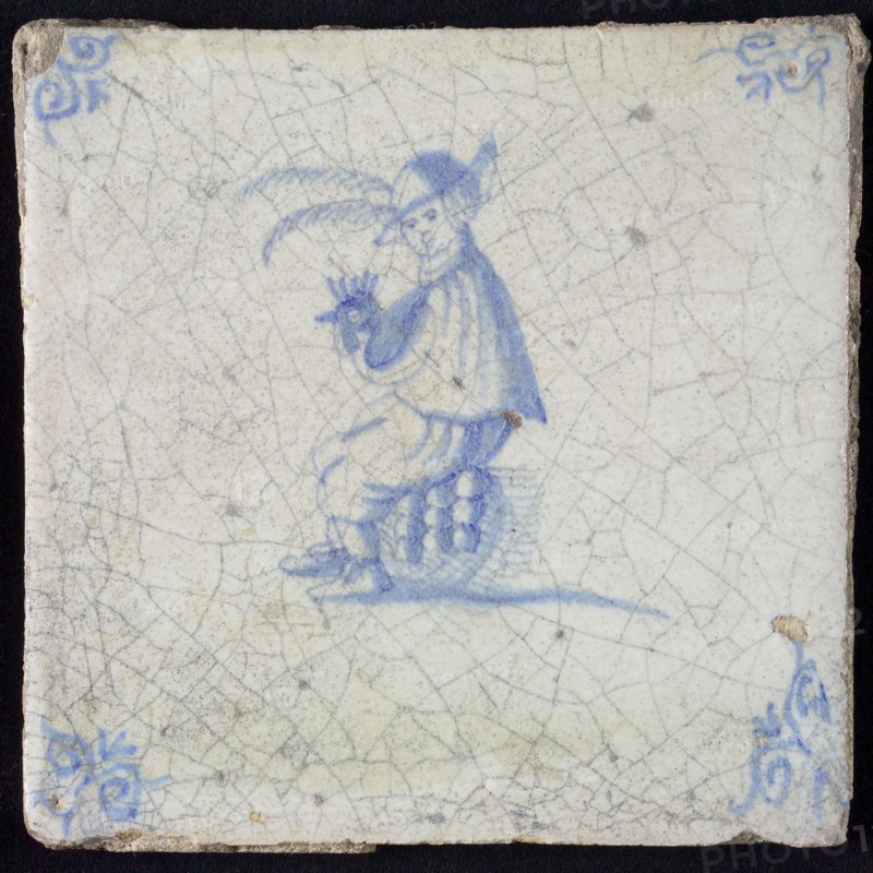 Scene line, proverb, blue with 'Hennentaster', man with hen, the man feels to the hen if an egg arrives, corner pattern ox head