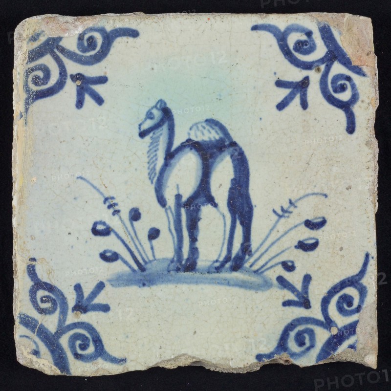 Animal tile, dromedary left on ground, in blue on white, corner motif large ox head, wall tile tile sculpture ceramic
