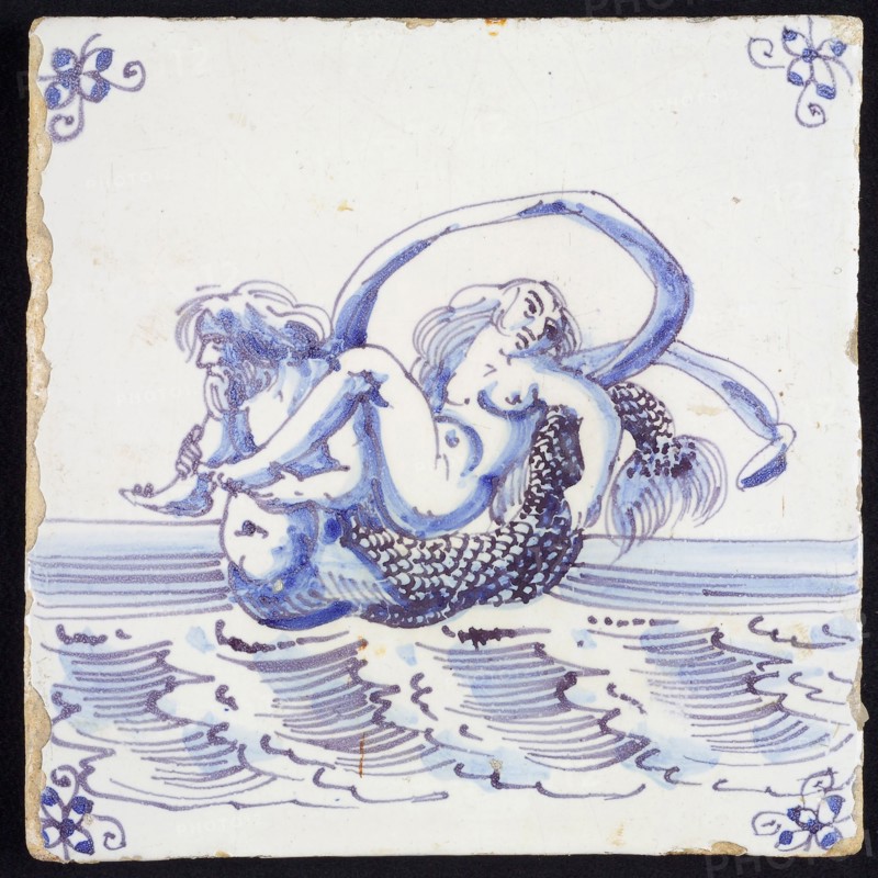 Scene tile, merman with naked woman on his back, corner pattern spider, wall tile tile sculpture ceramic earthenware glaze