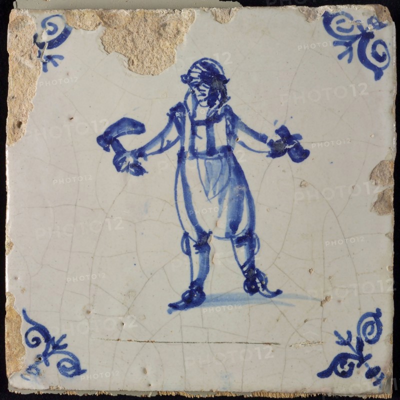 Occupation tile, blue with man pickaxe, corner motif ox's head, wall tile tile sculpture ceramic earthenware glaze wood, baked