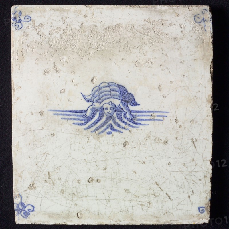 Animal tile, turtle, seen from the front, on ground, in blue on white, corner motif spider, wall tile tile sculpture ceramic