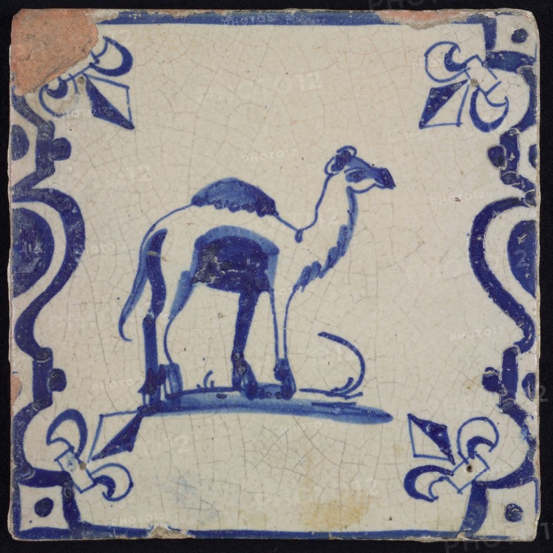 wall tile tile sculpture ceramics pottery glaze, baked 2x glazed painted Square. Blue dromedary on white background. Baluster