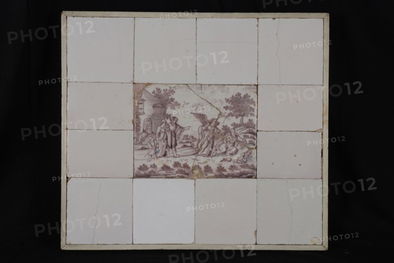 Scene tile, two episodes from the history of Hagar, around the plaque of tiles, plaque tile footage ceramic earthenware glaze