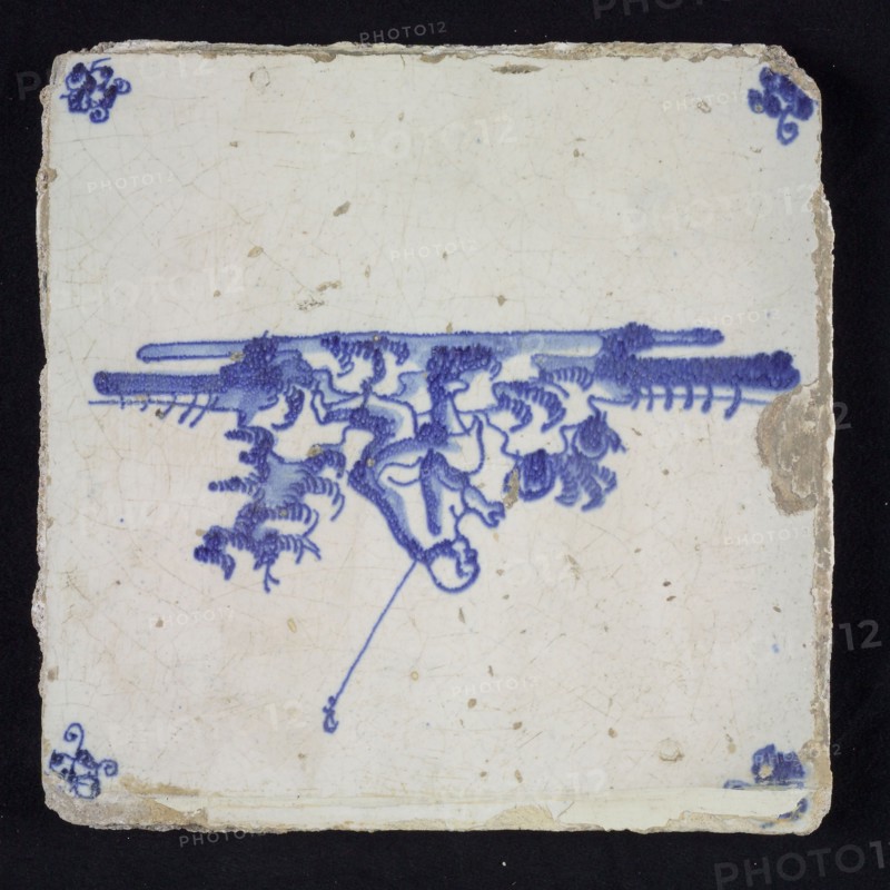 Figure tile, blue with landscape with shepherd kneeling on one knee, corner pattern spider, wall tile tile sculpture ceramic