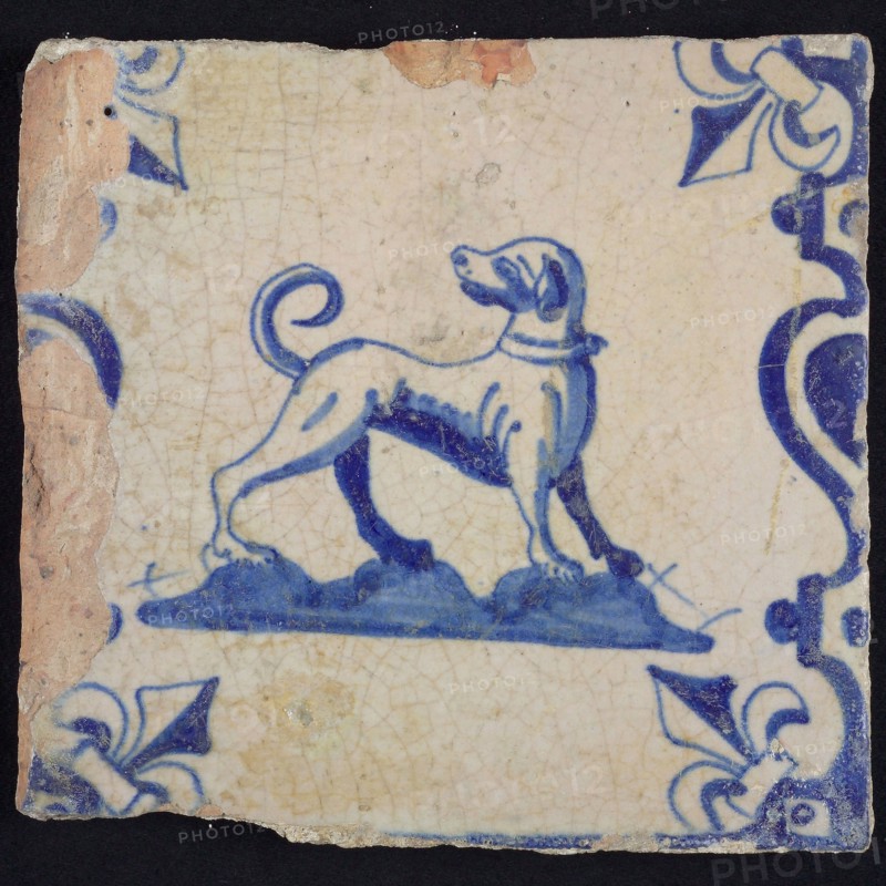 Animal tile, looking back standing dog on the right on ground between balusters, in blue on white, corner pattern french lily