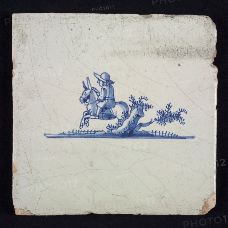 Scene tile, blue with sketch of landscape with rider, no corner motif, wall tile tile sculpture ceramic earthenware glaze, baked