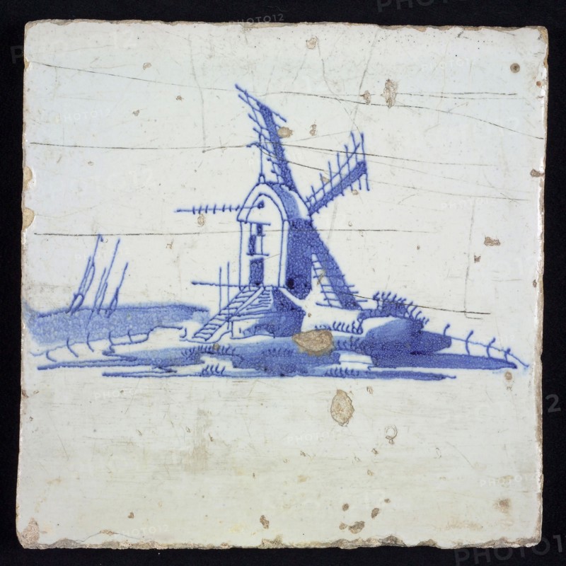 Scene tile, blue with landscape with stand mill, no corner motif, wall tile tile sculpture ceramic earthenware glaze, baked 2x