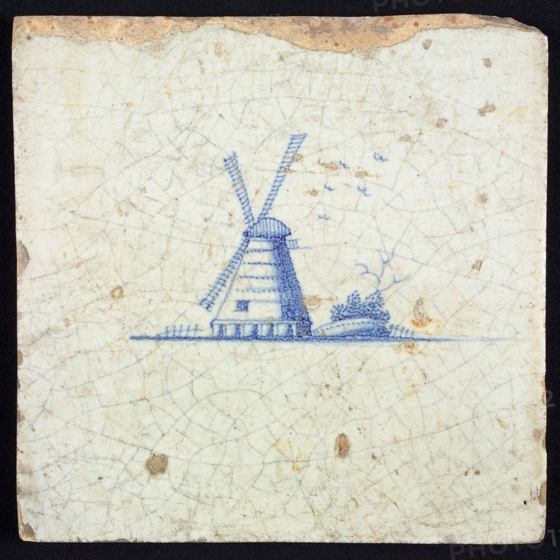 Scene tile, blue with landscape with windmill, no corner motif, wall tile tile sculpture ceramic earthenware glaze, baked 2x