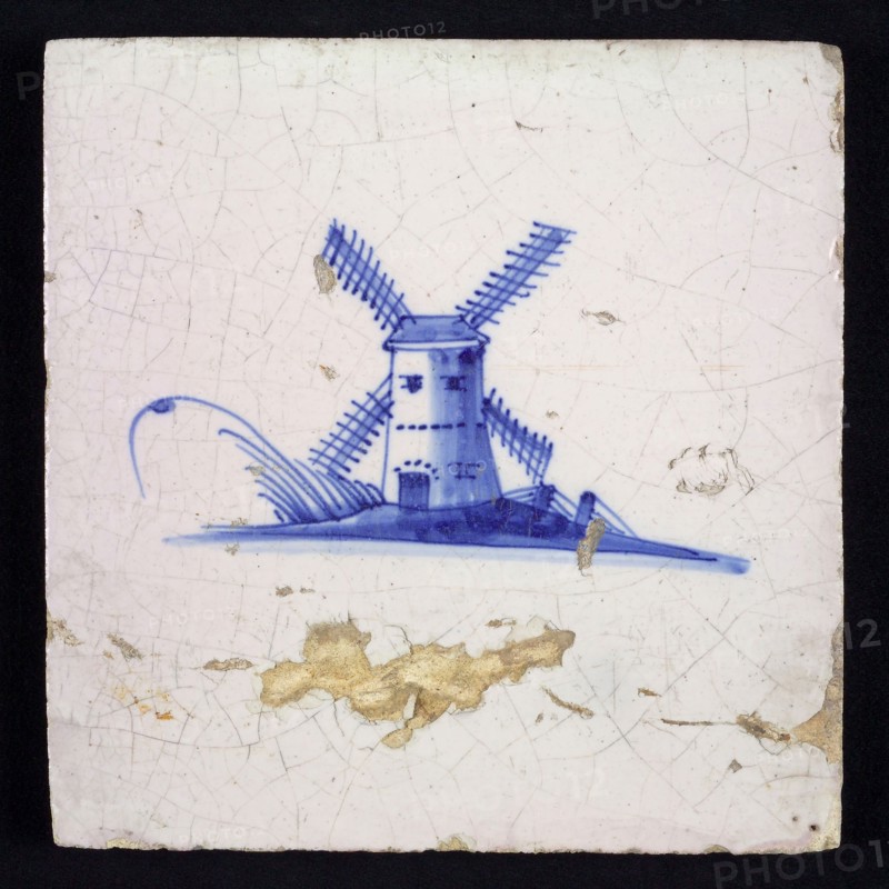 Scene tile, blue with landscape with windmill, no corner motif, wall tile tile sculpture ceramic earthenware glaze, baked 2x