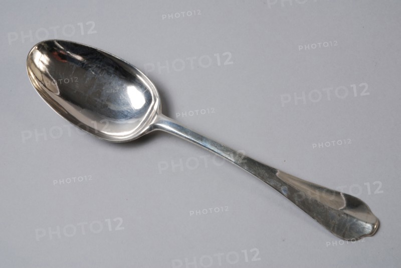 Spoon with oval bowl and veined stem, spoon cutlery silver, forged Oval bake grained stem back side of the stalk (smashed)
