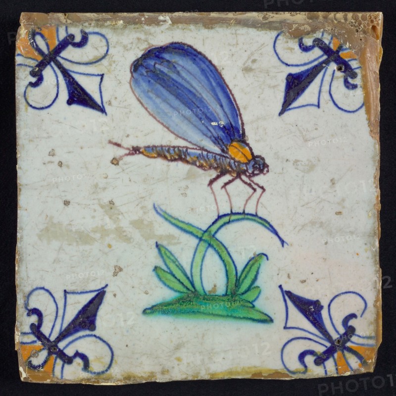 Animal tile, sitting dragonfly to the right on leafy spike, in orange, green and blue on white, corner pattern french lily