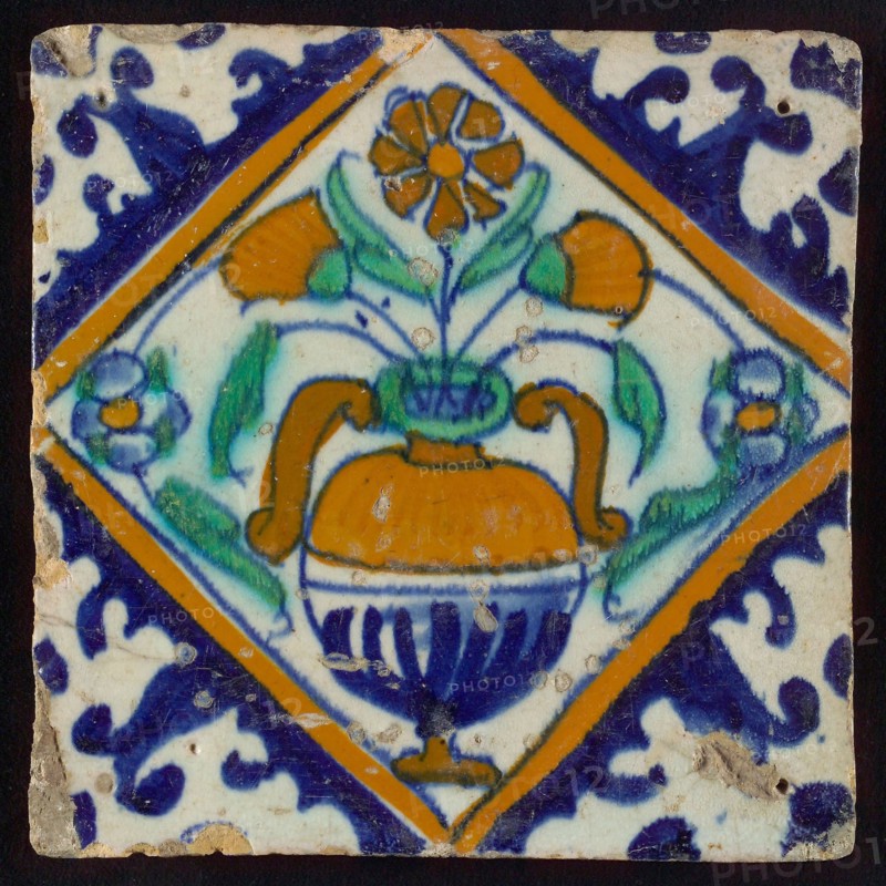 Flower tile, flowerpot in square, corner pattern palmet, wall tile tile sculpture ceramic earthenware glaze, baked 2x glazed