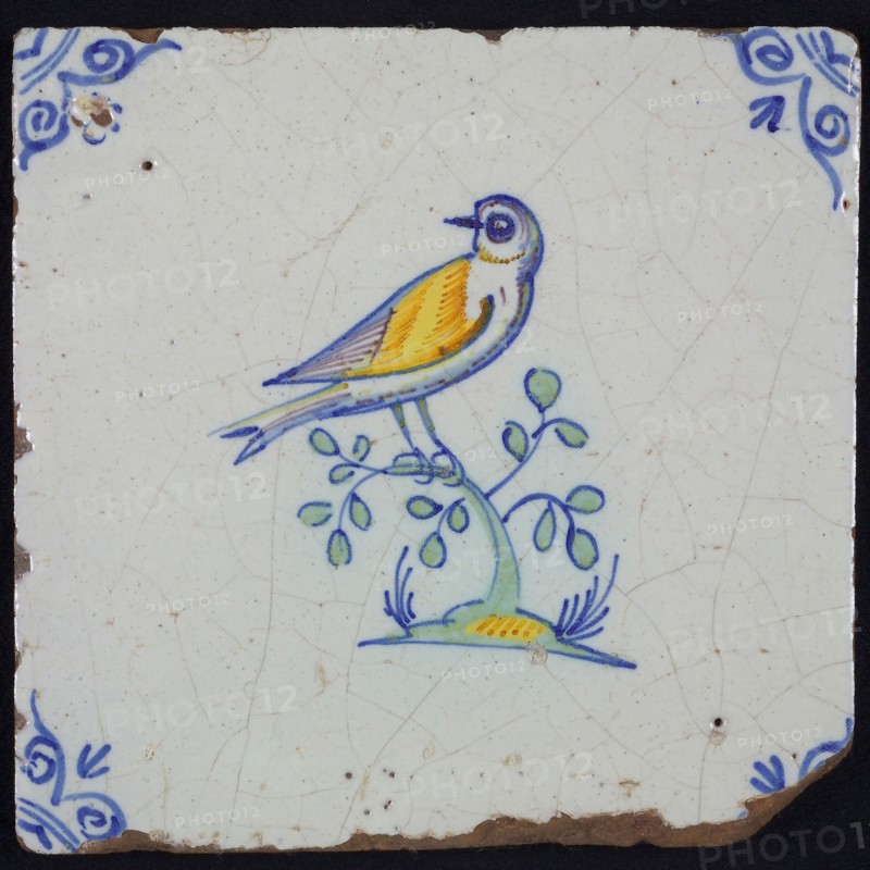 Animal tile, bird on branch to the right in yellow, purple, orange, green and blue on white, corner pattern ossenkop, wall tile