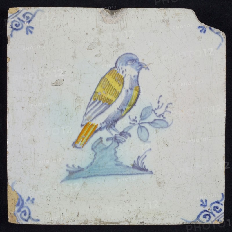 Animal tile, bird on branch to the right in yellow, orange, green and blue on white, corner pattern ossenkop, wall tile