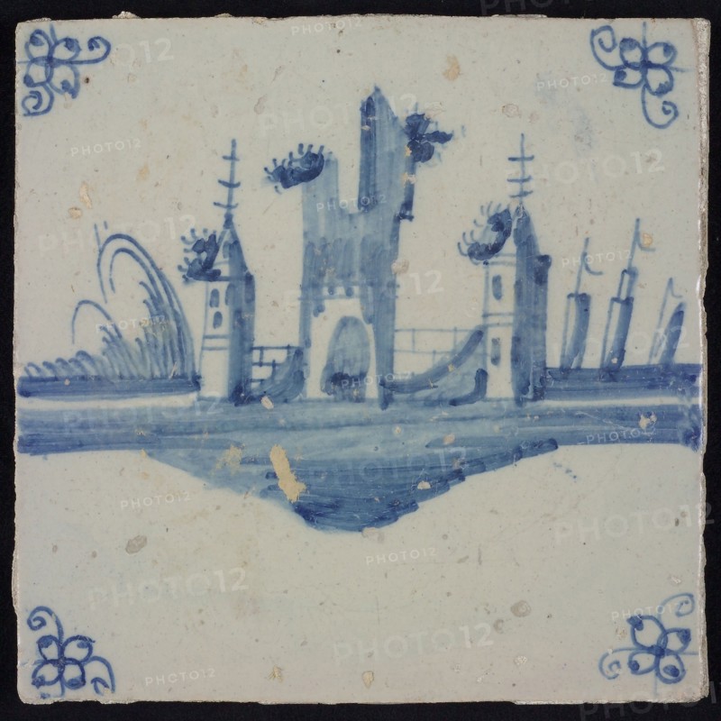 Scene tile, blue with landscape with castle ruin, corner pattern spider, wall tile tile sculpture ceramic earthenware glaze