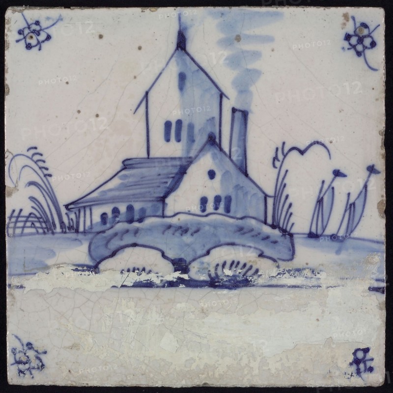Scene tile, blue with landscape with building with tower, corner motif spider, wall tile tile sculpture ceramic earthenware