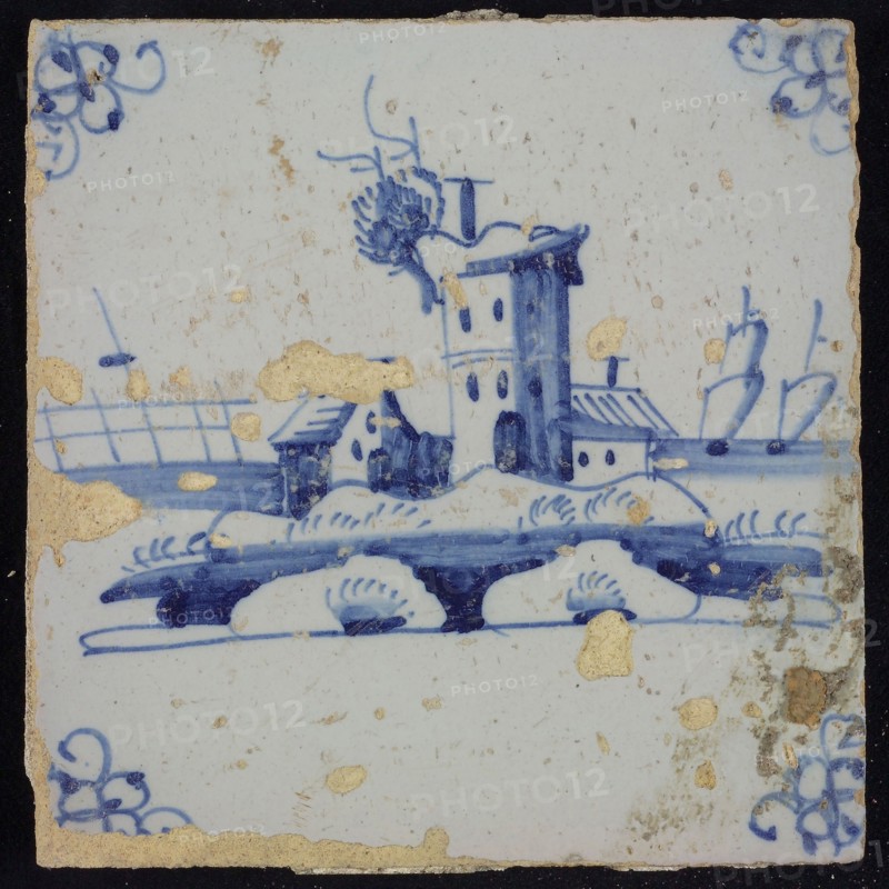 Scene tile, blue with landscape with castle ruin, corner pattern spider, wall tile tile sculpture ceramic earthenware glaze