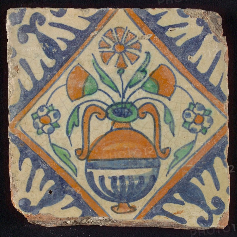 Flower tile, flowerpot in square, corner pattern palmet, wall tile tile sculpture ceramic earthenware glaze, baked 2x glazed