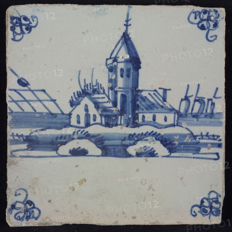 Scene tile, blue with landscape with church with high pointed tower, corner pattern spider, wall tile tile sculpture ceramic