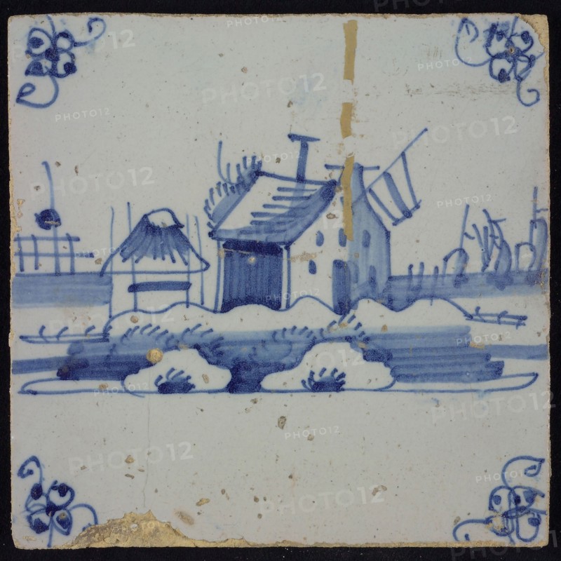 Scene tile, blue with landscape with house with flag and haystack, corner motif spider, wall tile tile sculpture ceramic