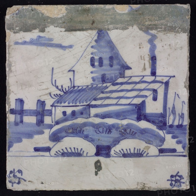 Scene tile, blue with landscape with house with shed, corner design spider, wall tile tile sculpture ceramic earthenware glaze