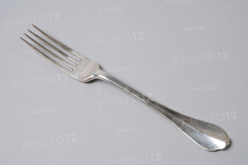Fork with four teeth, the stem stalked, fork cutlery silver, forged Four teeth grained stalk rear handle (smashed) eating