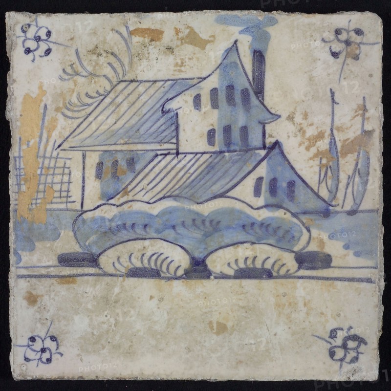 Scene tile, blue with landscape with house with shed, corner pattern spider, wall tile tile sculpture ceramic earthenware glaze