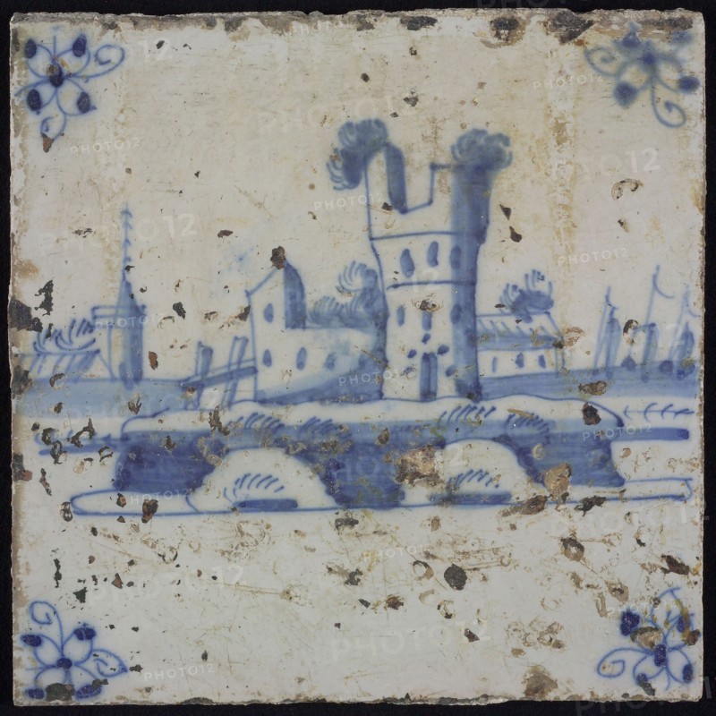 Scene tile, blue with landscape with castle ruin, corner motif spider, wall tile tile sculpture ceramic earthenware glaze, baked