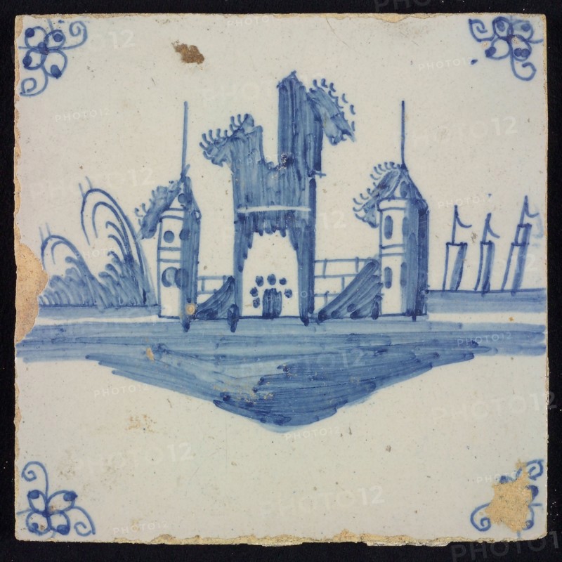 Scene tile, blue with landscape with castle ruin, corner pattern spider, wall tile tile sculpture ceramic earthenware glaze