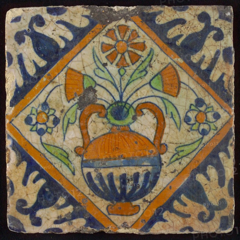 Flower tile, flowerpot in square, corner pattern palmet, wall tile tile sculpture ceramic earthenware glaze, baked 2x glazed