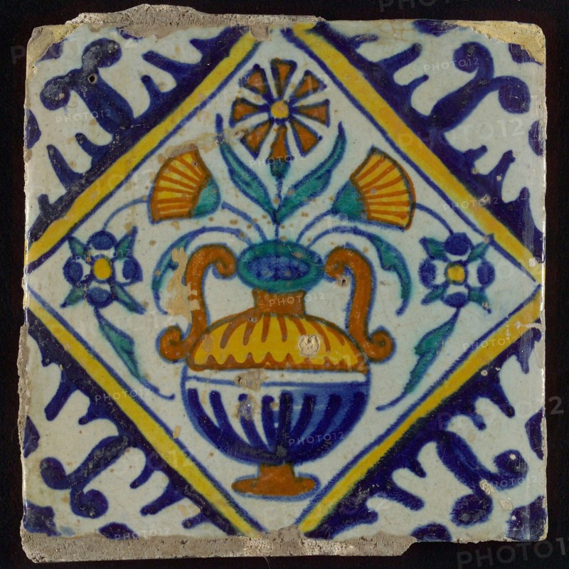 Flower tile, flowerpot in square, corner pattern palmet, wall tile tile sculpture ceramic earthenware glaze, baked 2x glazed