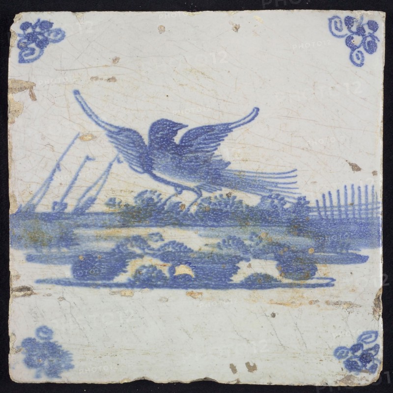 Animal tile, flying bird to the left above running water, in the background vegetation and ships in blue on white, corner