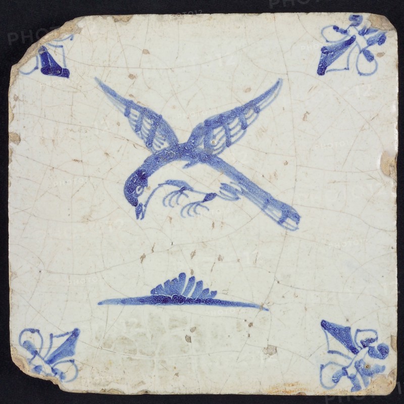 Animal tile, flying bird above water to the left, in blue on white, corner pattern French lily, wall tile tile sculpture ceramic