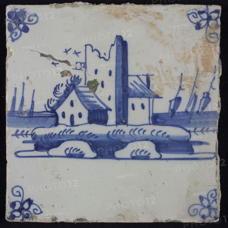 Scene tile, blue with landscape with houses and tower ruin, corner motif spider, wall tile tile sculpture ceramic earthenware