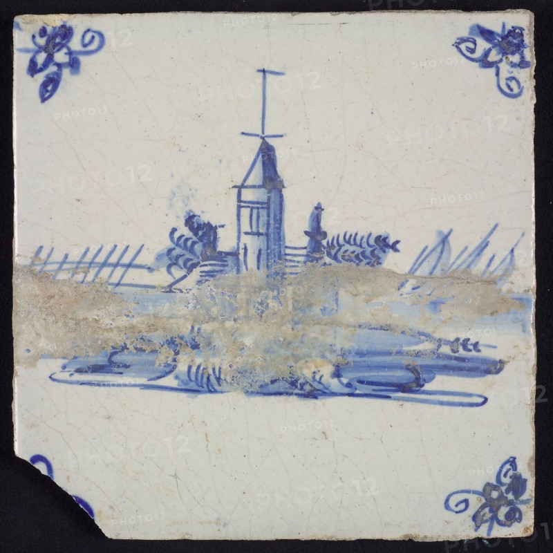 Scene tile, blue with landscape with church with tower, corner motif spider, wall tile tile sculpture ceramic earthenware glaze