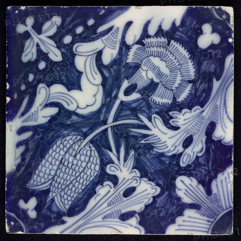 F.J. Kleyn, Ornament tile with fritillary and carnation, corner motif quarter rosette, wall tile tile sculpture ceramic