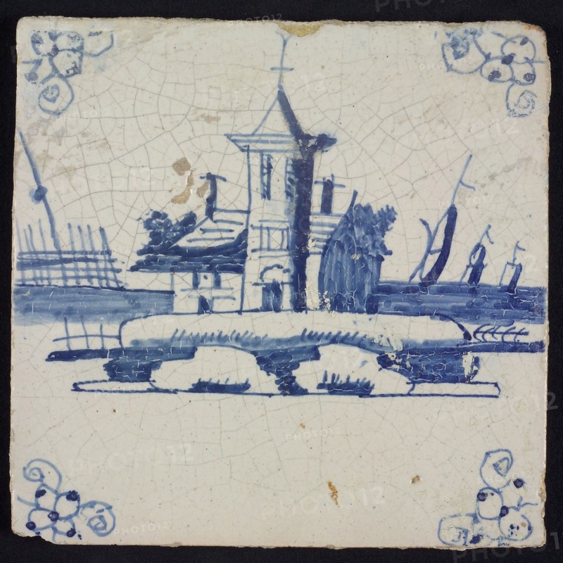 Scene tile, blue with landscape with church with tower, corner motif spider, wall tile tile sculpture ceramic earthenware glaze