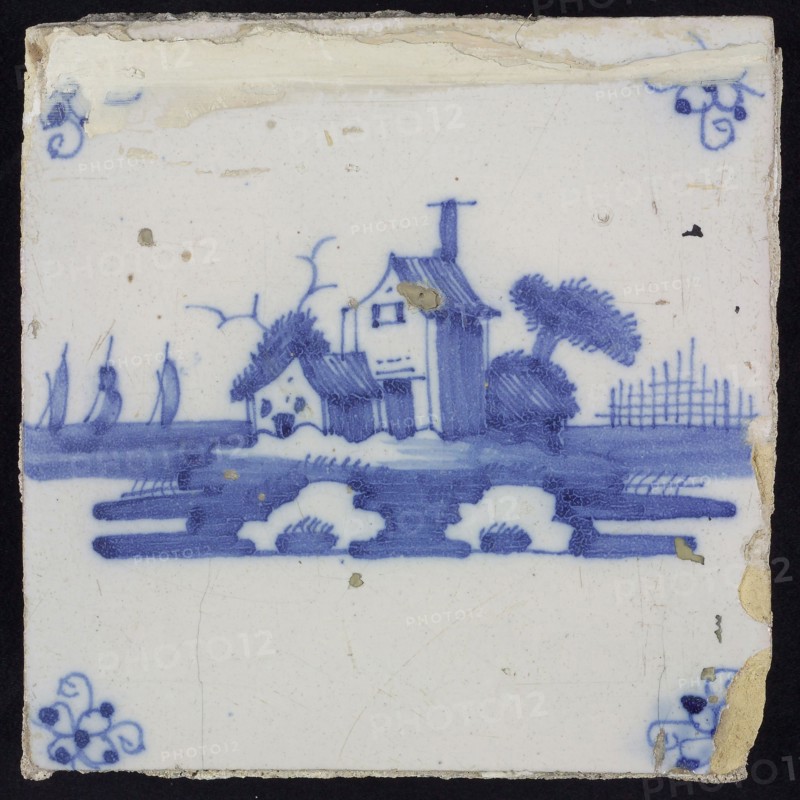 Scene tile, blue with landscape with houses, corner motif spider, wall tile tile footage ceramic earthenware glaze, baked 2x