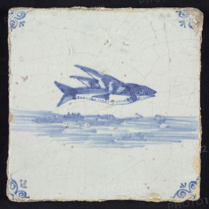 Animal tile, flying fish above running water to the right, in blue on white, corner motif oxen head, wall tile tile sculpture