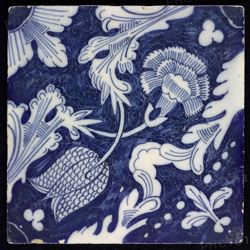 F.J. Kleyn, Ornament tile, fritillary and carnation, corner motif quarter rosette, wall tile tile sculpture ceramic earthenware