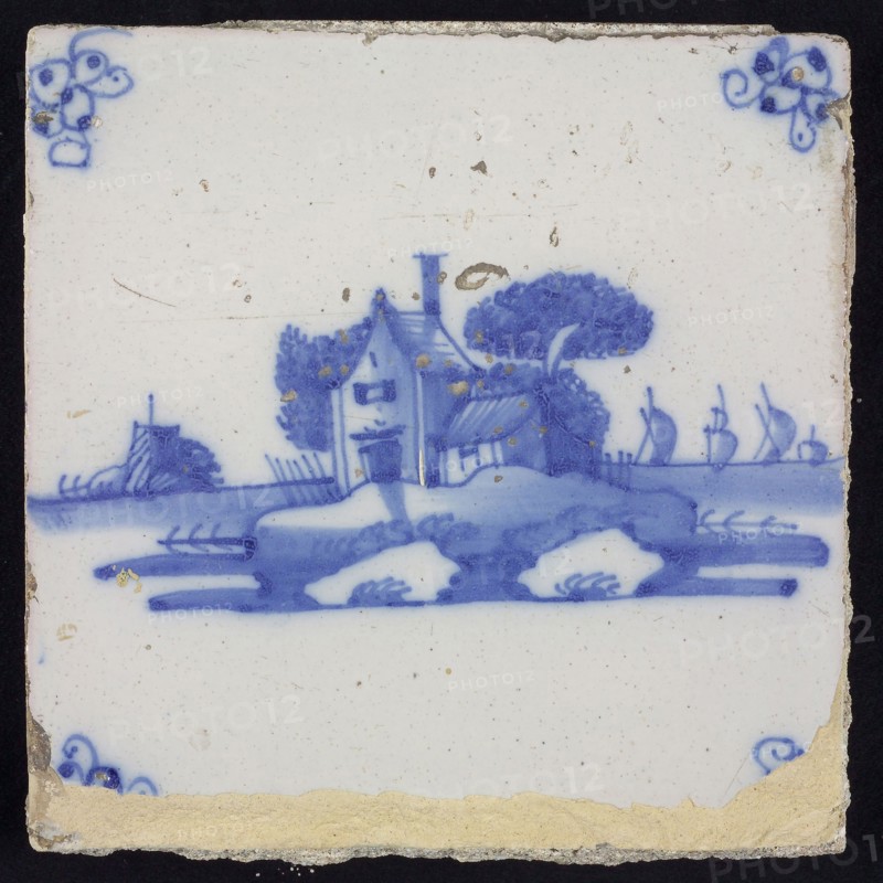 Scene tile, blue with landscape with houses, corner motif spider, wall tile tile footage ceramic earthenware glaze, baked 2x