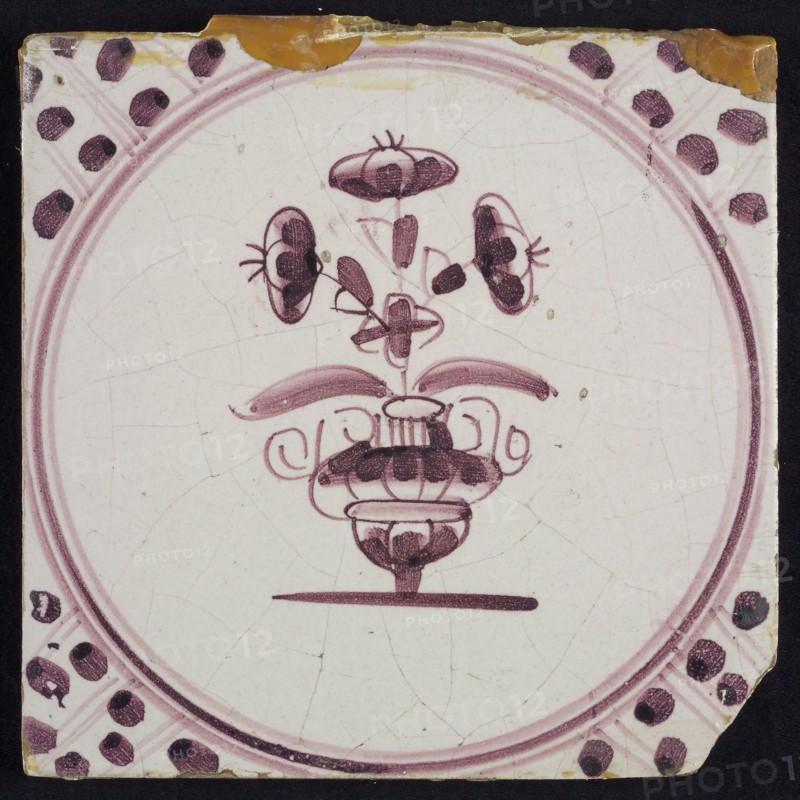 Flowerpot, in purple on white, small flowerpot inside circle, corner pattern meanders, wall tile tile sculpture ceramic
