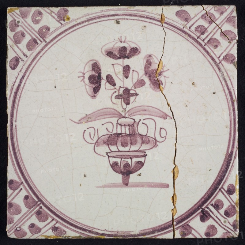 Flowerpot, in purple on white, small flowerpot inside circle, corner pattern meanders, wall tile tile sculpture ceramic