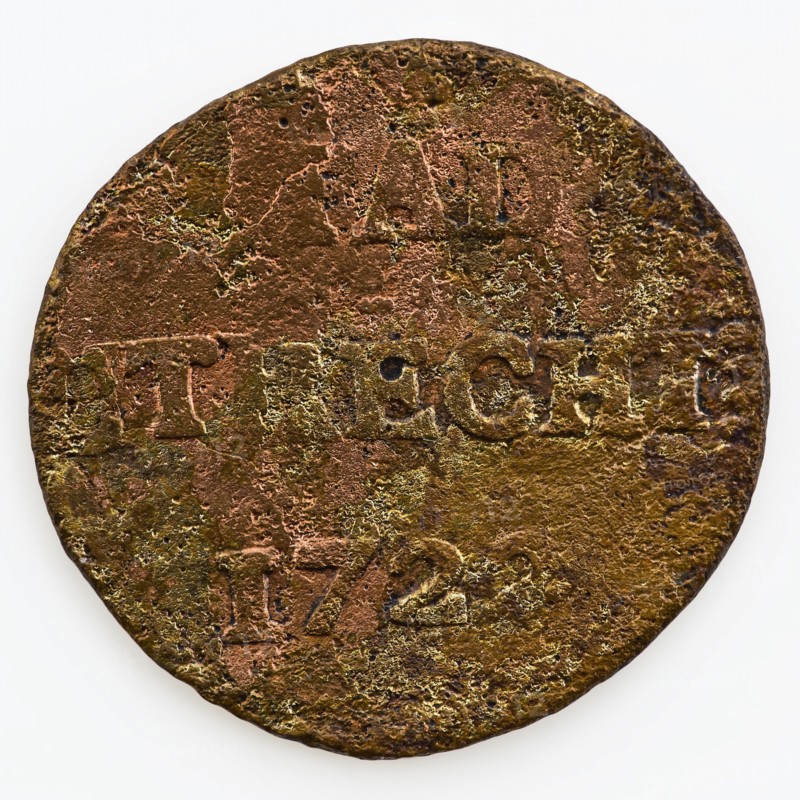 Duit, copper Dutch coin worth 2 penning, CITY UTRECHT 1722, money coin swaps soil find copper metal, minted German beaten
