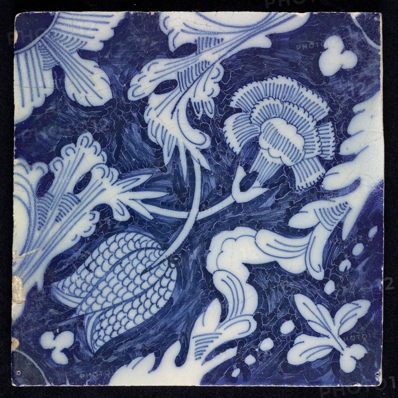 F.J. Kleyn, Ornament tile, fritillary and carnation, corner motif quarter rosette, wall tile tile sculpture ceramic earthenware