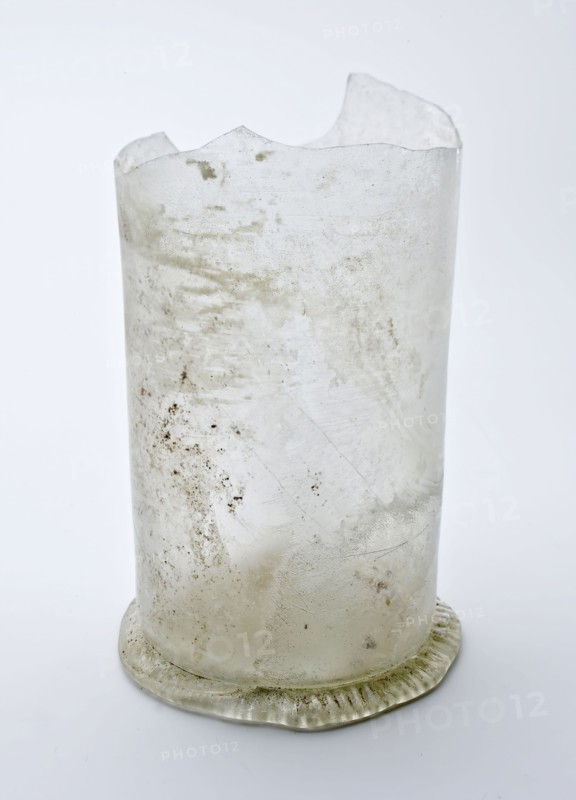 Fragment of stand ring, bottom and shaft of beaker, beaker drinking glass drinking utensils tableware holder soil find glass